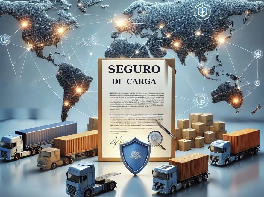 Póliza de seguro de carga con escudo de protección y camiones sobre un mapa mundial